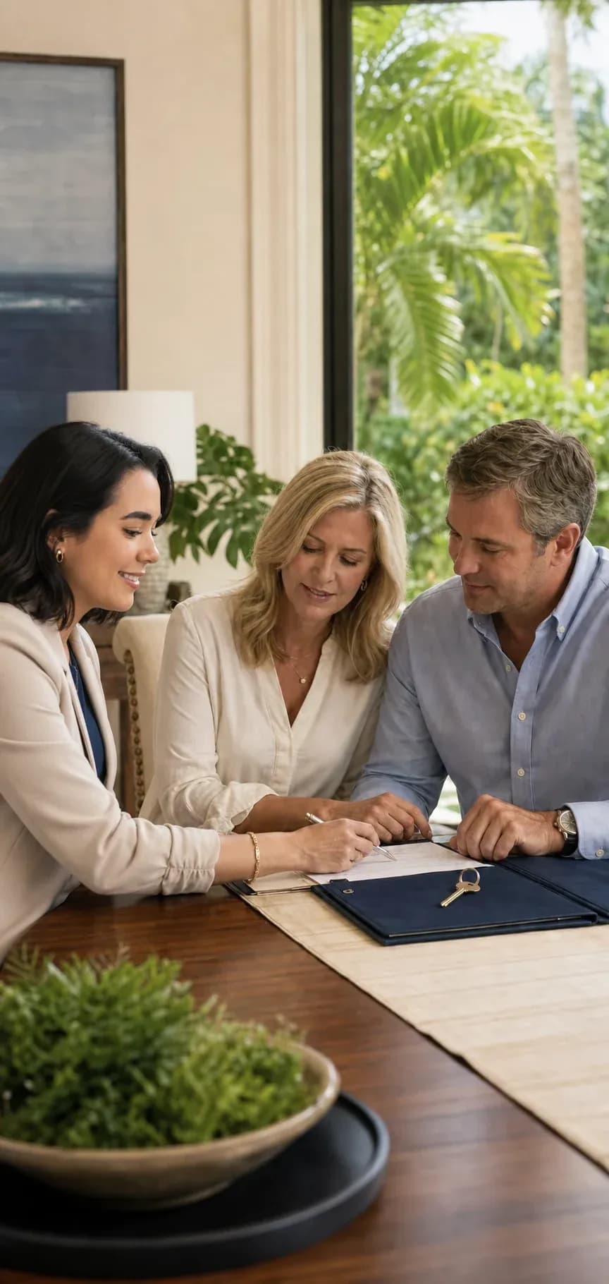 Beatriz Thomas guiding a couple through residential closing documents