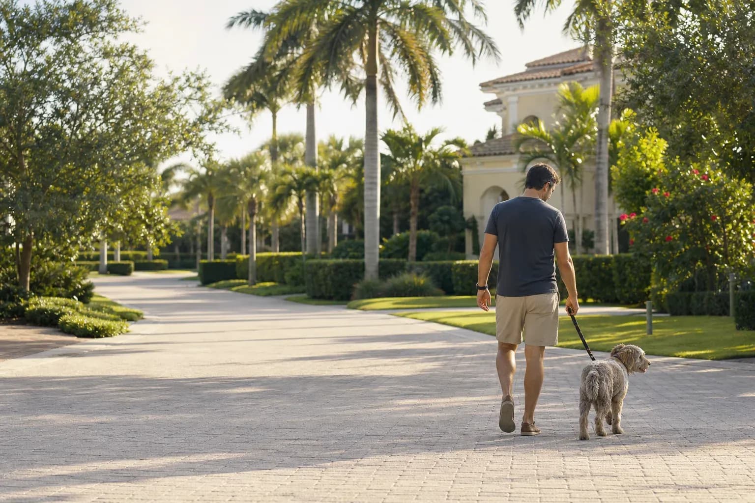 A dog walking along a palm-lined Naples street