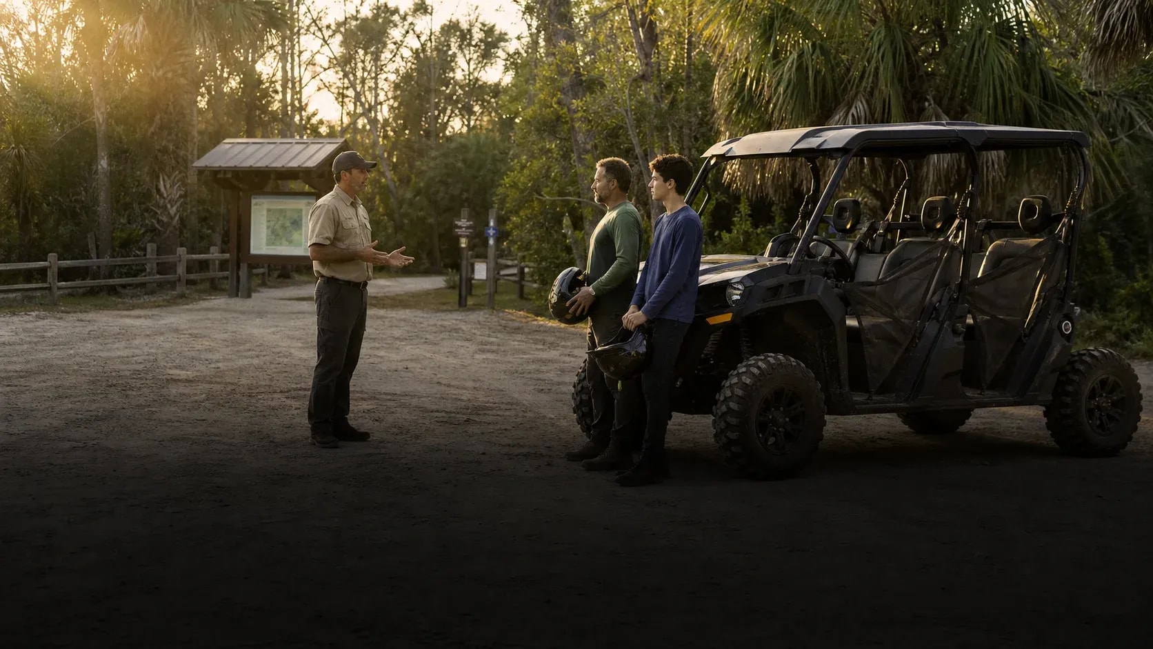 Adult and younger rider receiving a safety briefing beside an all-terrain vehicle