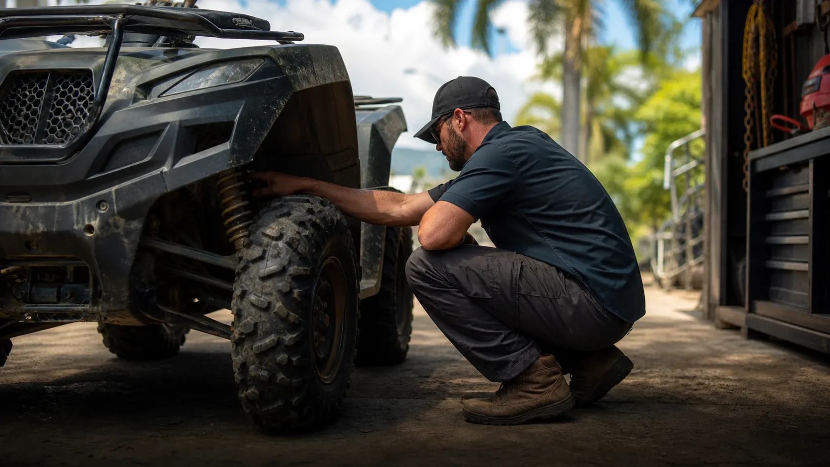 Mechanic inspecting the suspension and tires of an all-terrain vehicle