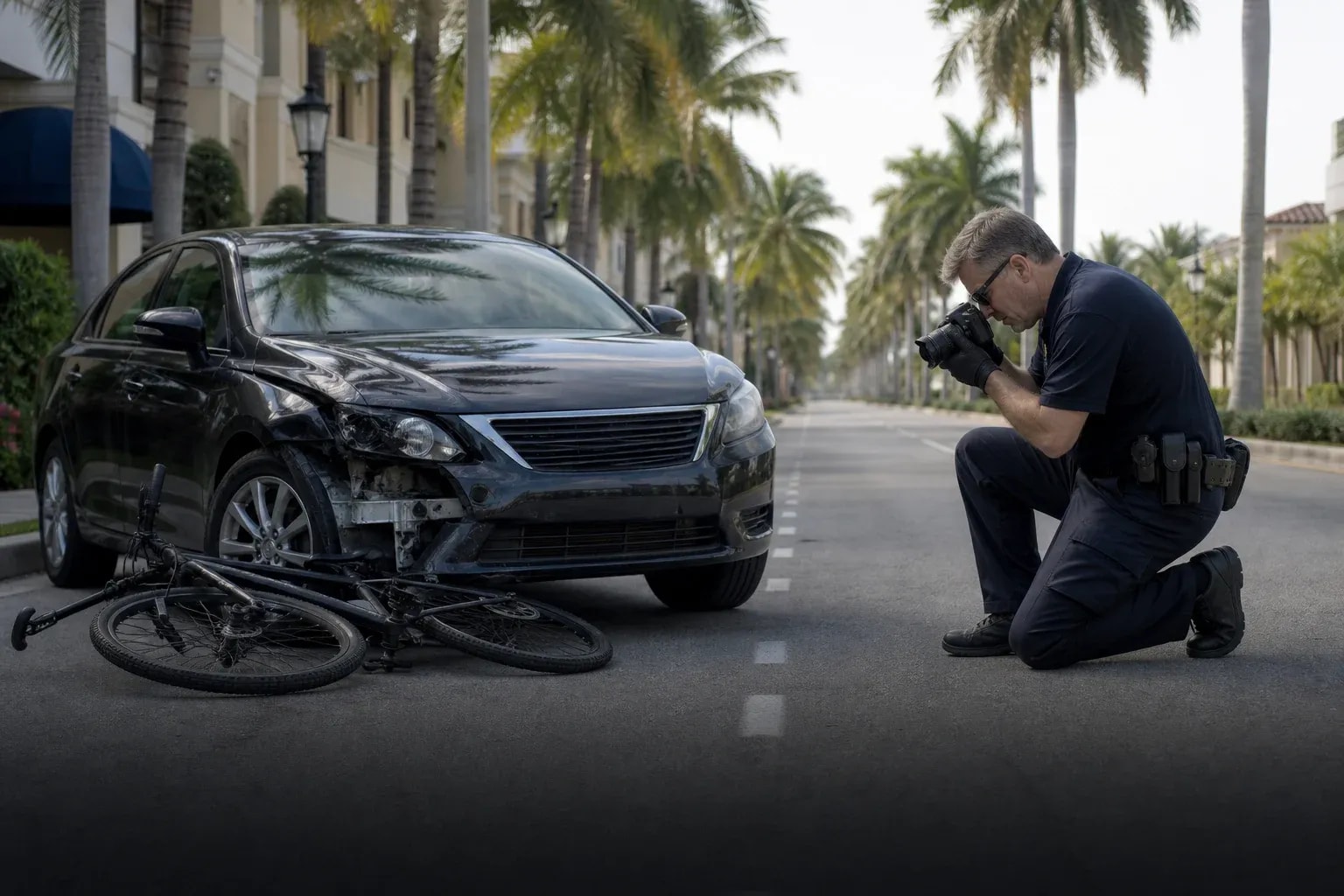 Clean aftermath of a bicycle and passenger vehicle collision