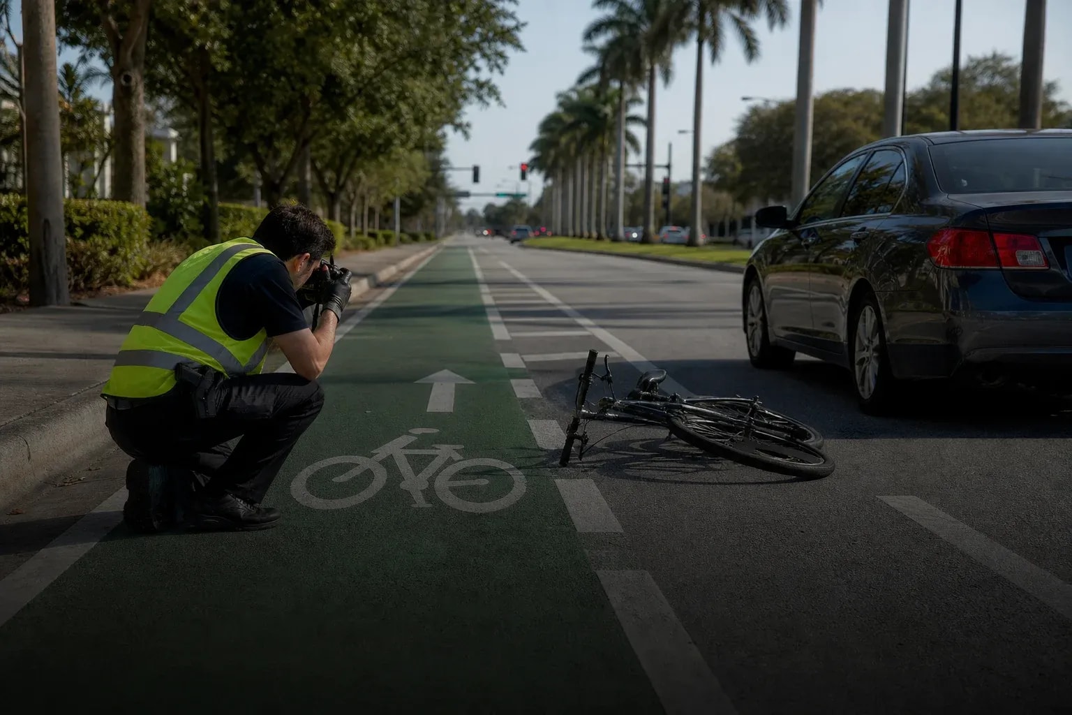 Cyclist and driver approaching a shared roadway crossing