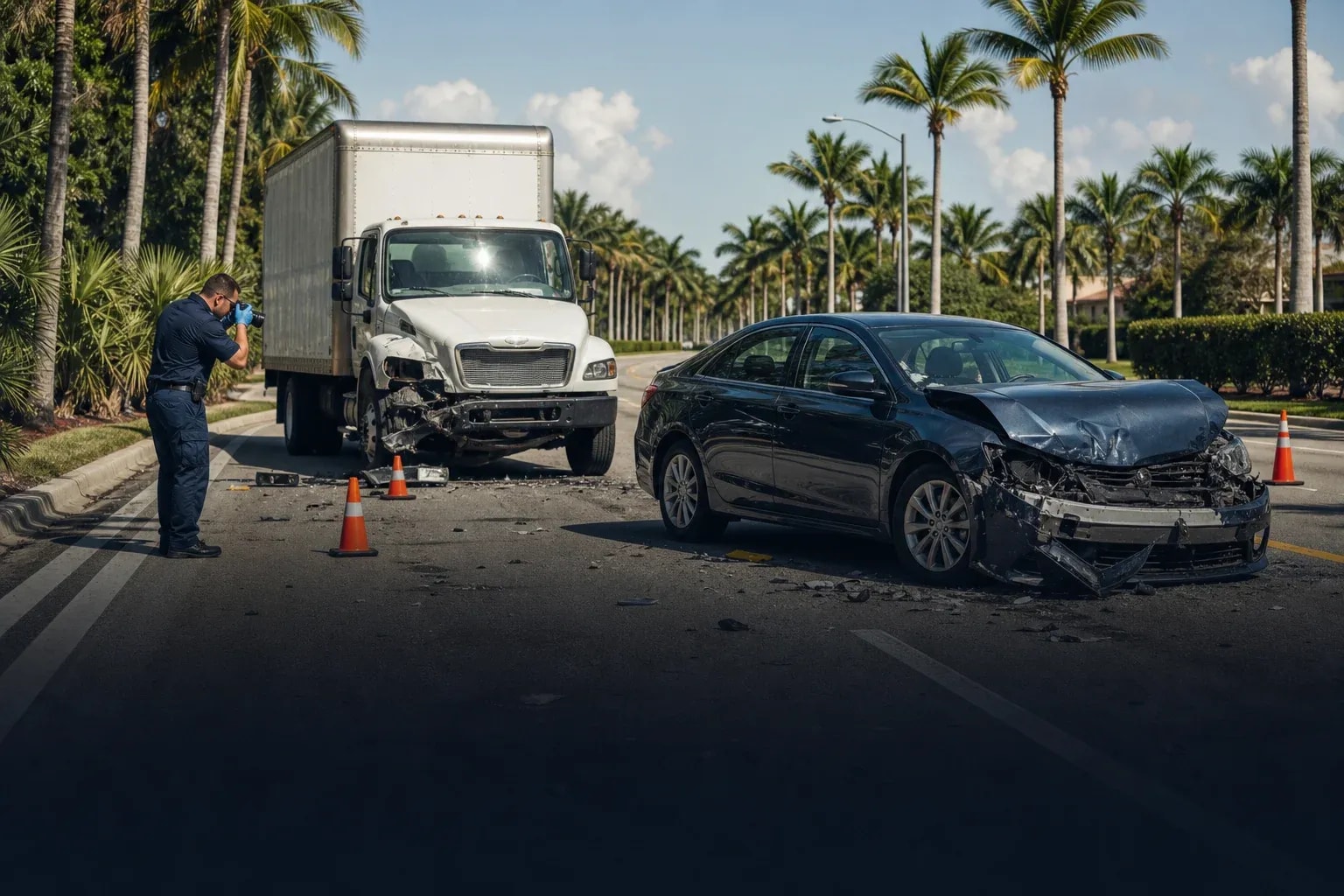 Clean aftermath of a two-vehicle collision on a palm-lined Southwest Florida road
