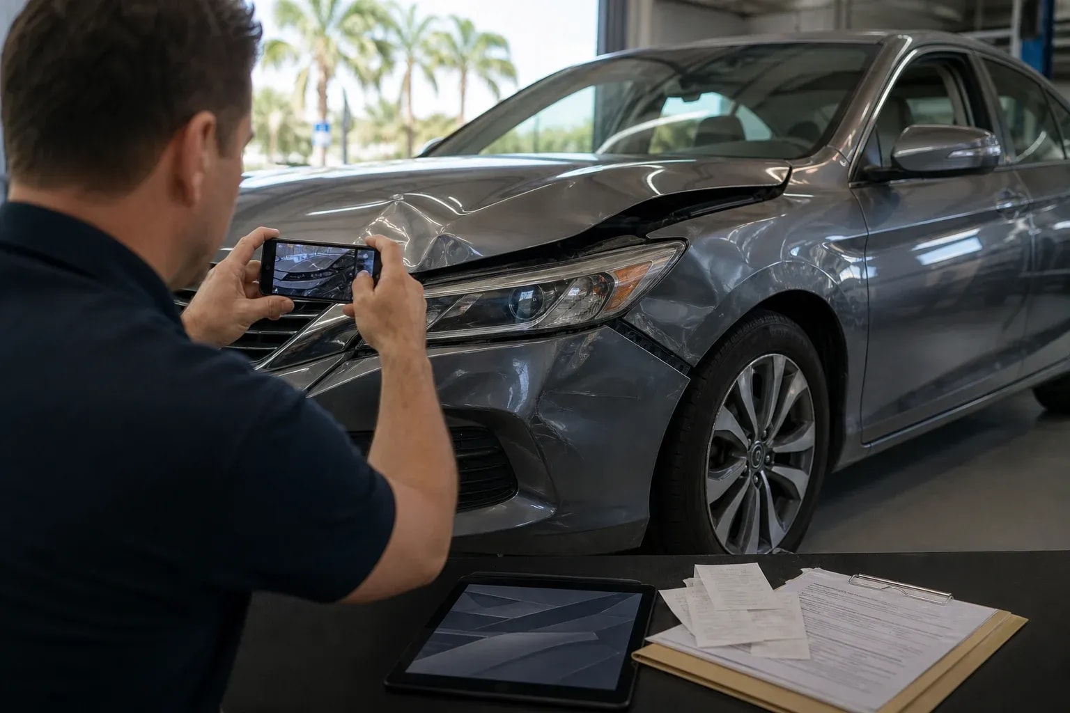 Professional documenting damage to a passenger vehicle