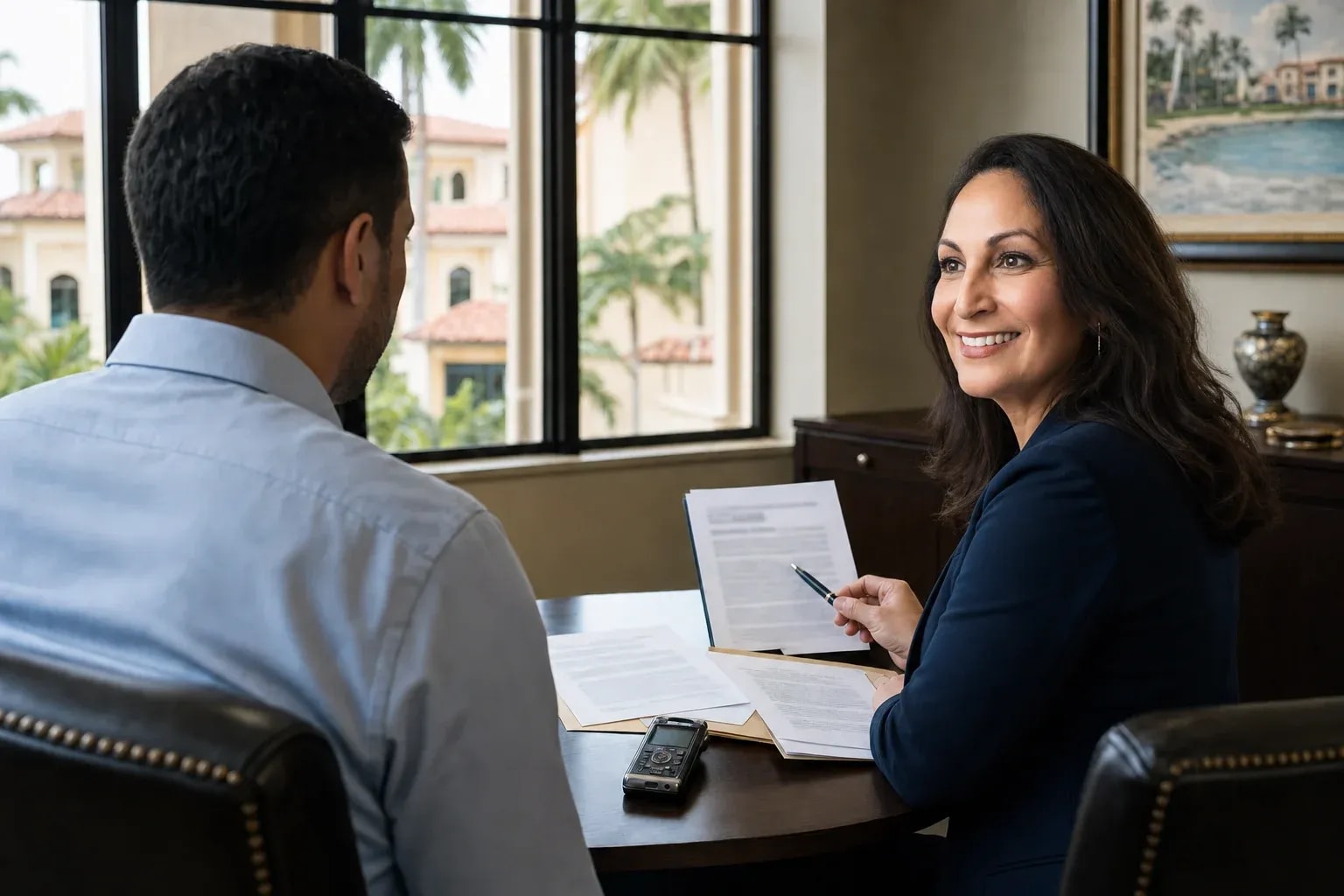 Attorney reviewing insurance documents with a client