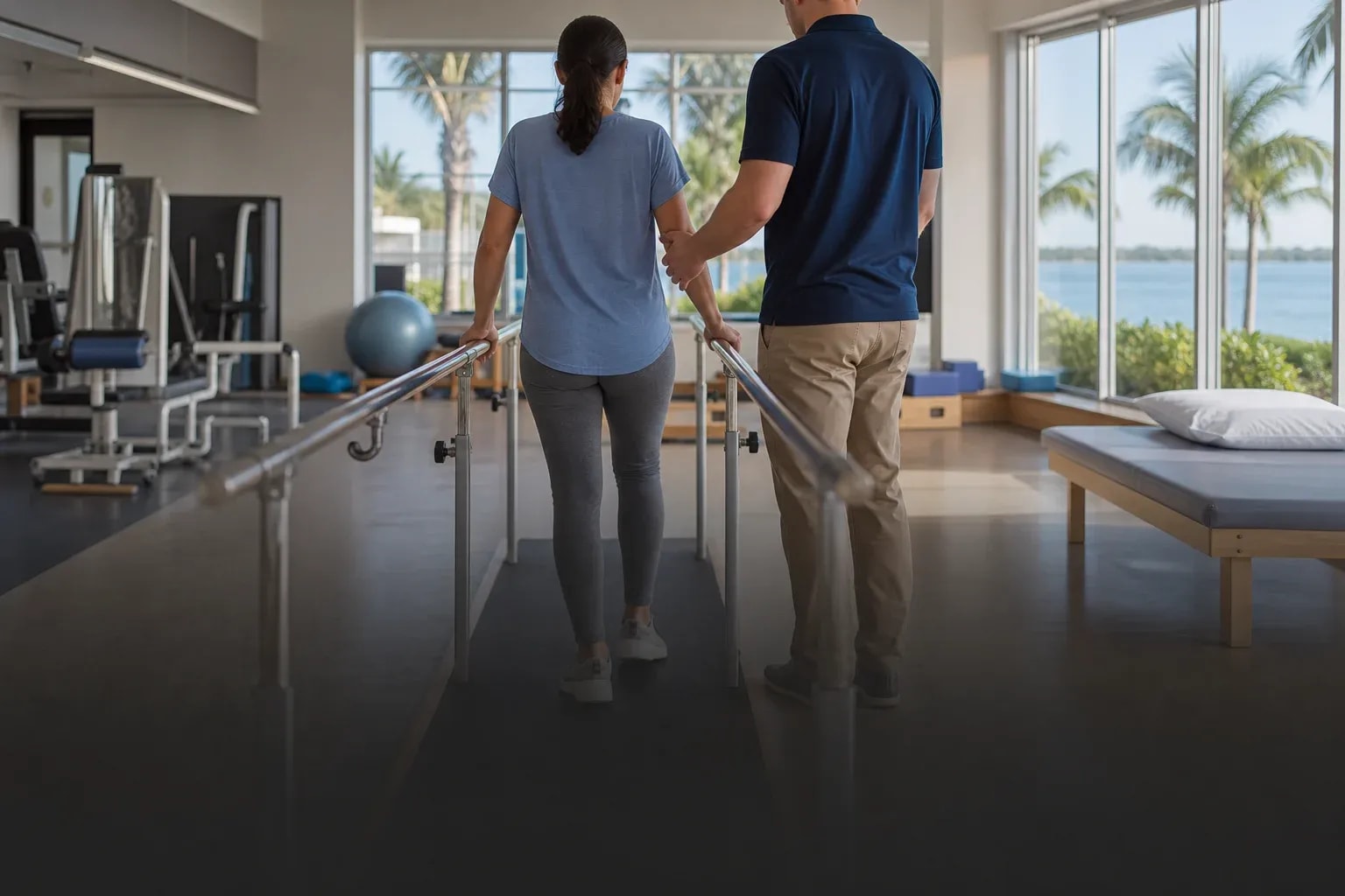 Adult completing a supervised physical rehabilitation session
