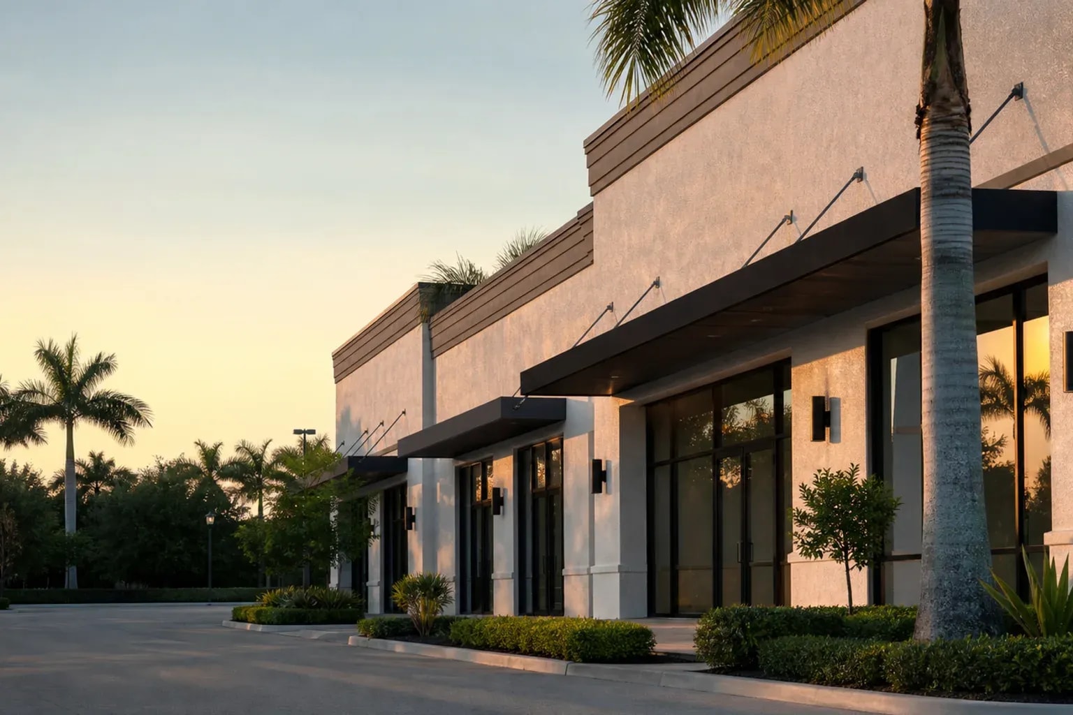 Modern low-rise Naples commercial property at golden hour