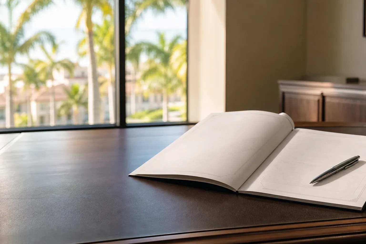 Open property contract on a desk overlooking Naples palms