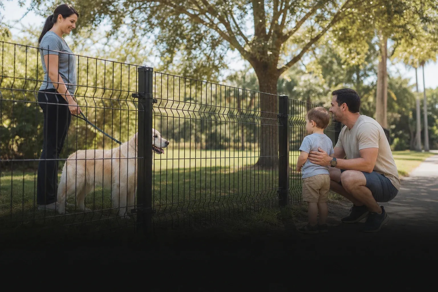 Parent and young child observing a leashed dog safely through a fence