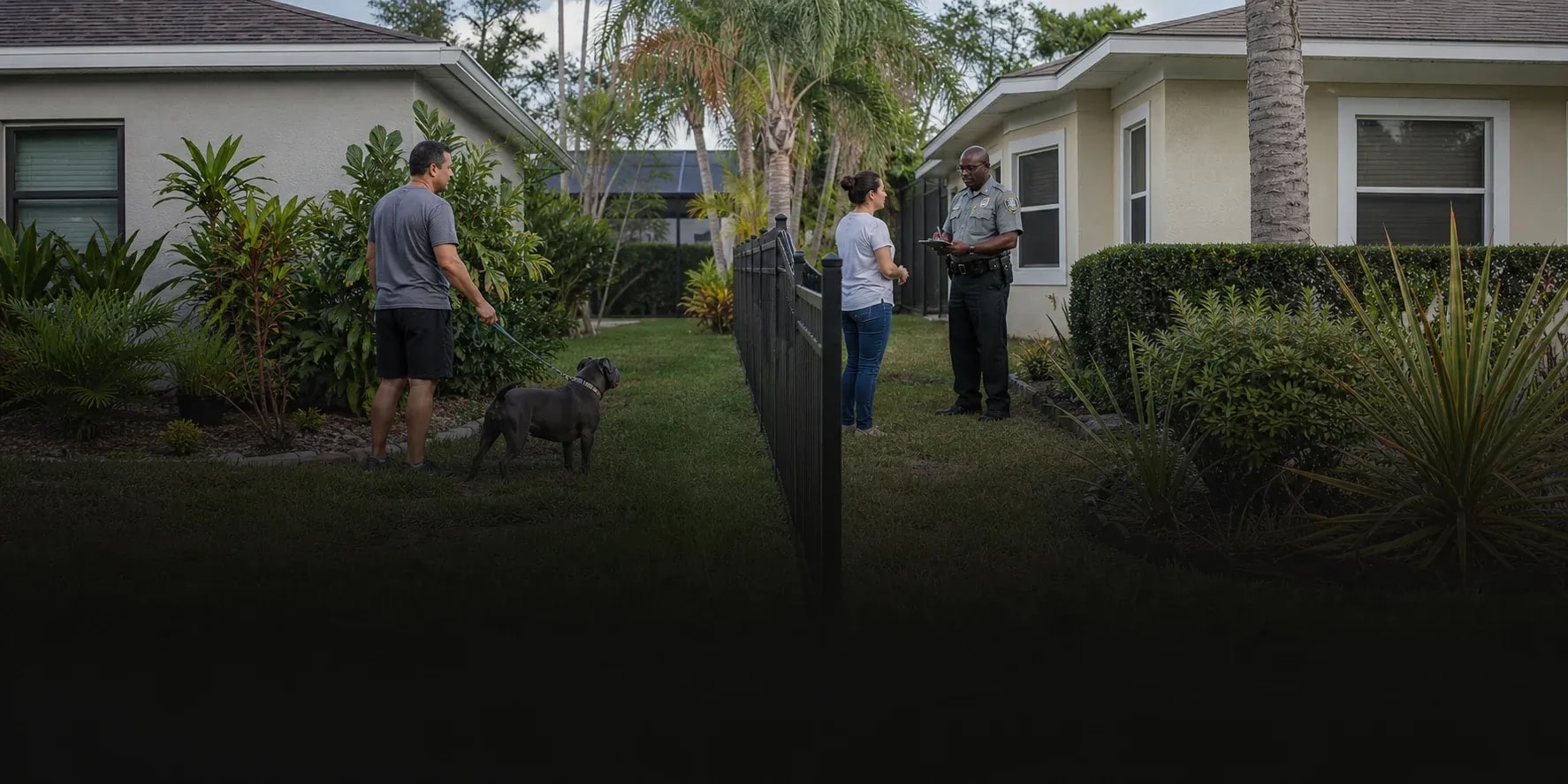 Neighbors discussing a dog-related property boundary matter