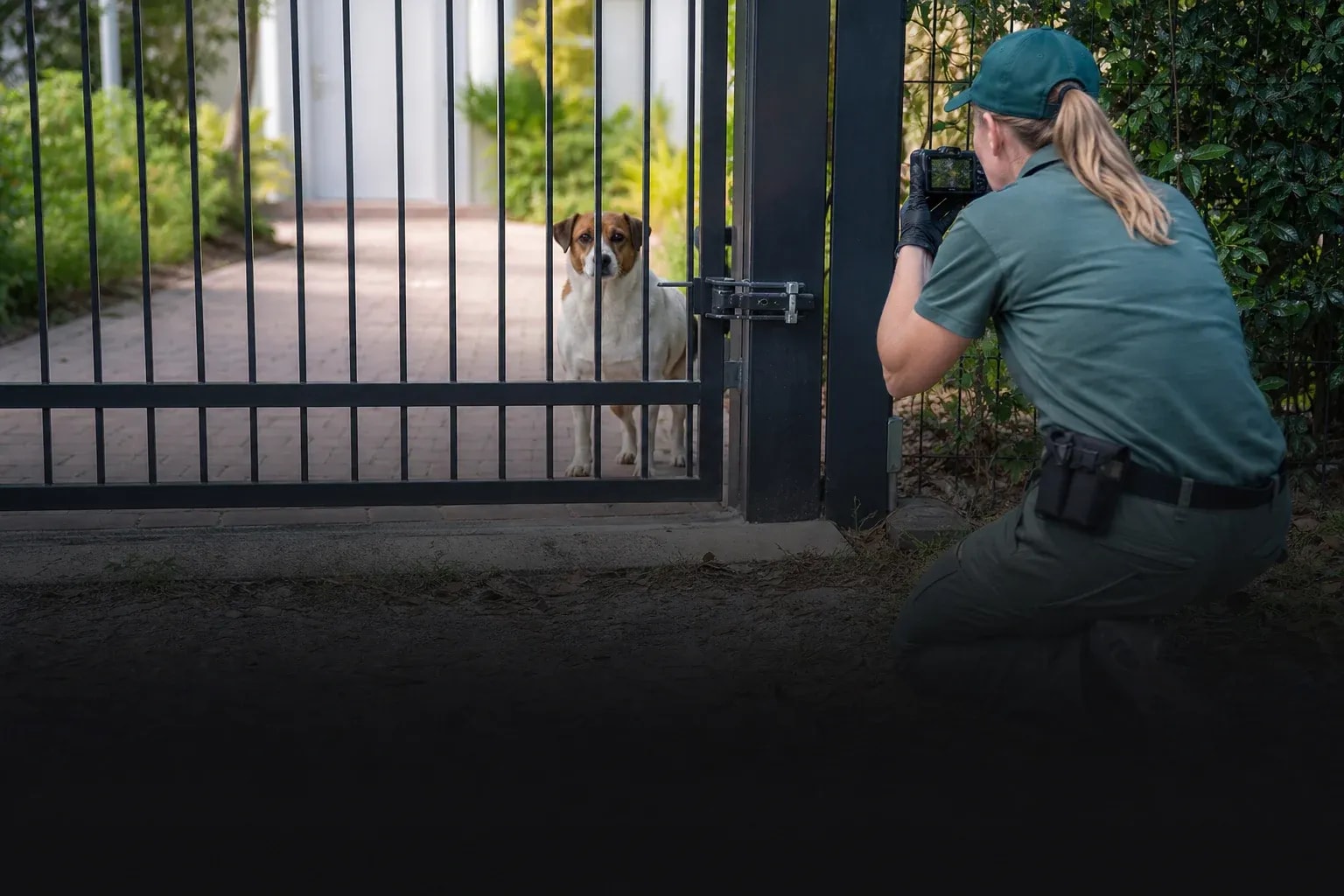 Animal control professional documenting a secured dog on private property