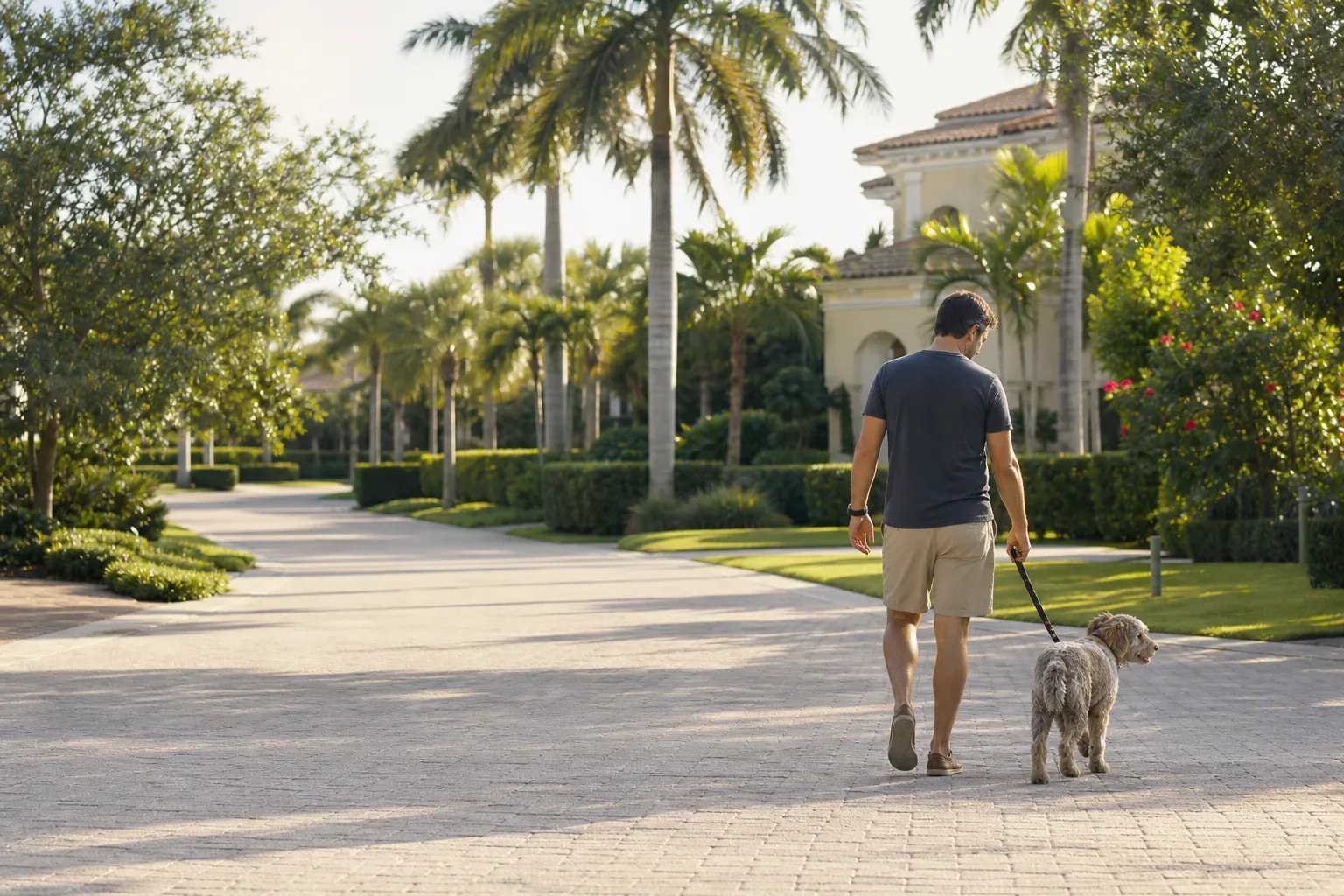 Leashed dog and owner in a quiet Florida neighborhood