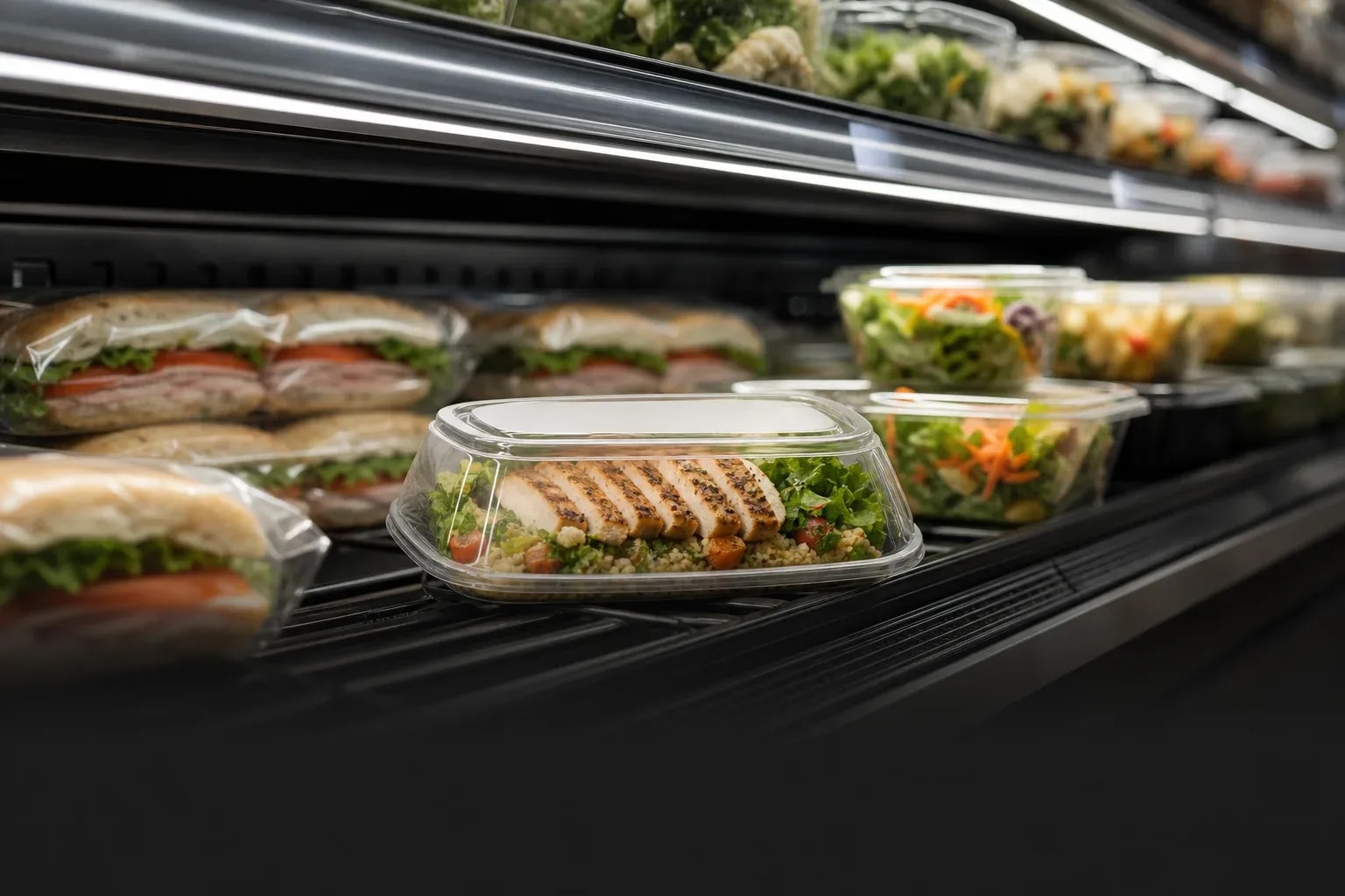 Packaged prepared meals displayed in a grocery store refrigerator