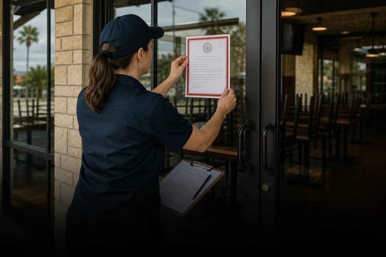 Public health inspector posting an official notice at a restaurant entrance