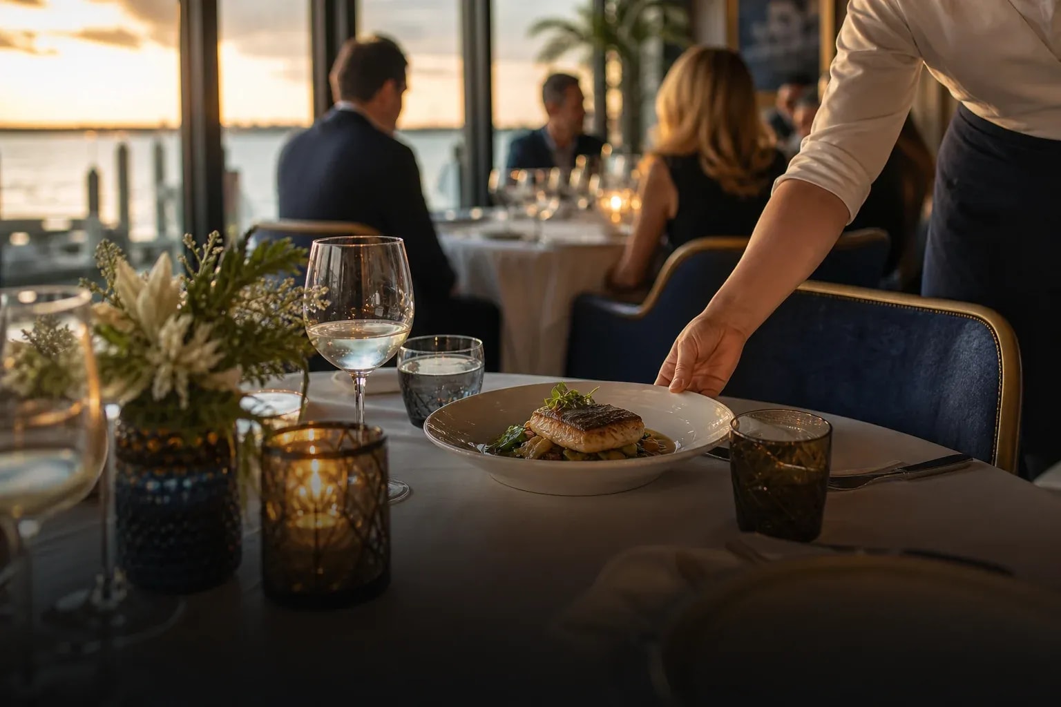 Server presenting a prepared meal in a coastal Florida restaurant