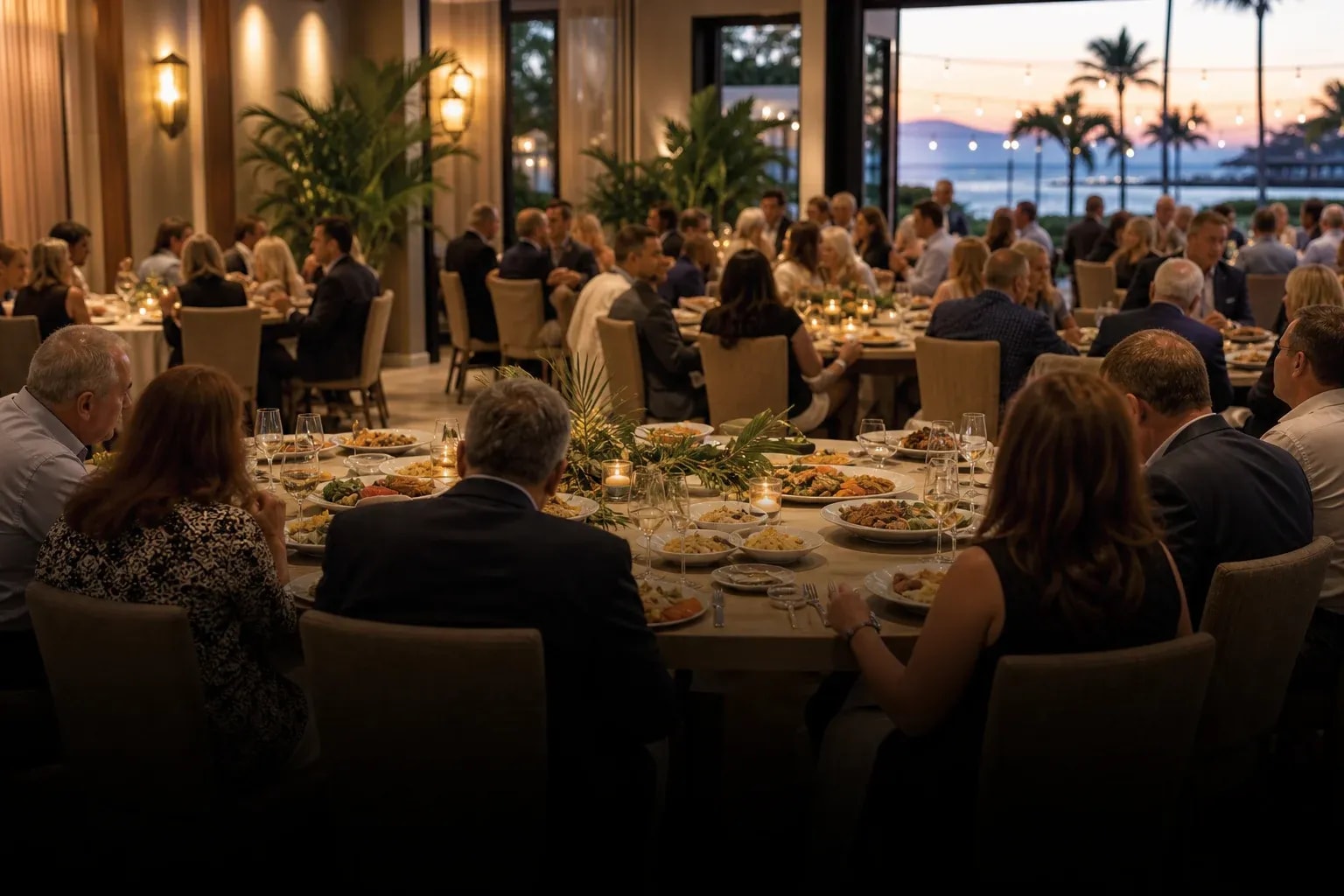 Multiple diners sharing catered food at a coastal Florida banquet