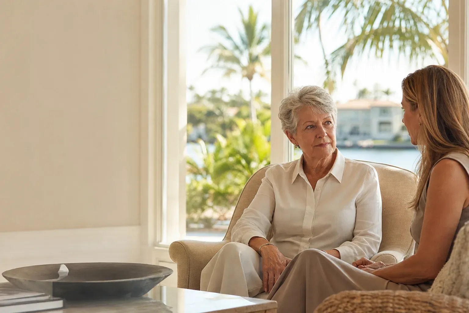 Older adult speaking with an adult child in a bright Naples home