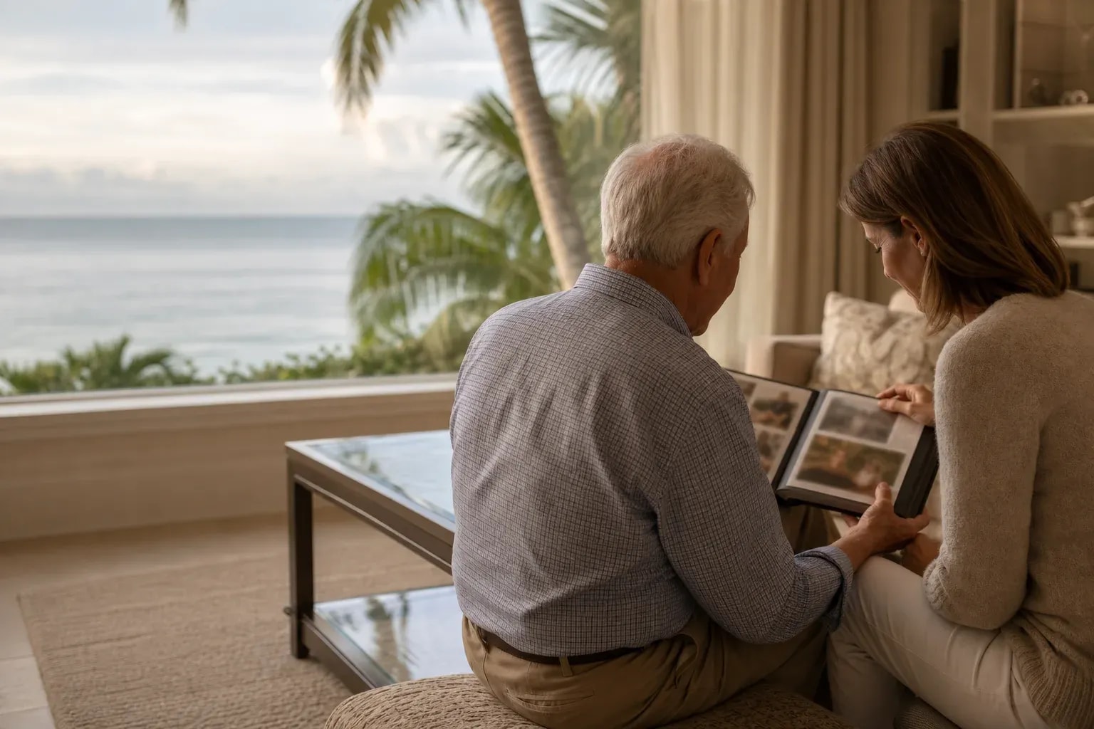 Family members looking through an album near a Gulf-facing window