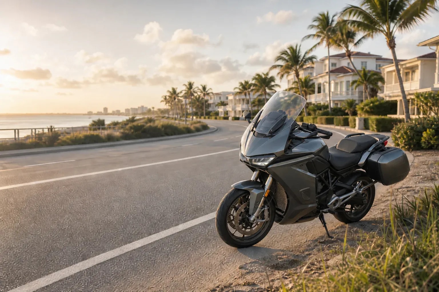 Touring motorcycle beside a Gulf Coast roadway