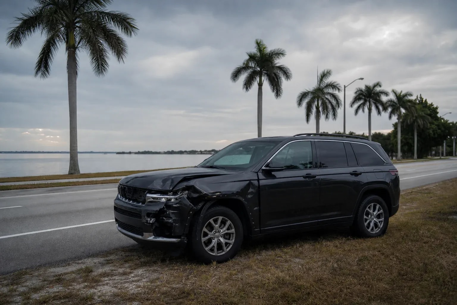 Damaged passenger vehicle resting safely beside a Southwest Florida roadway