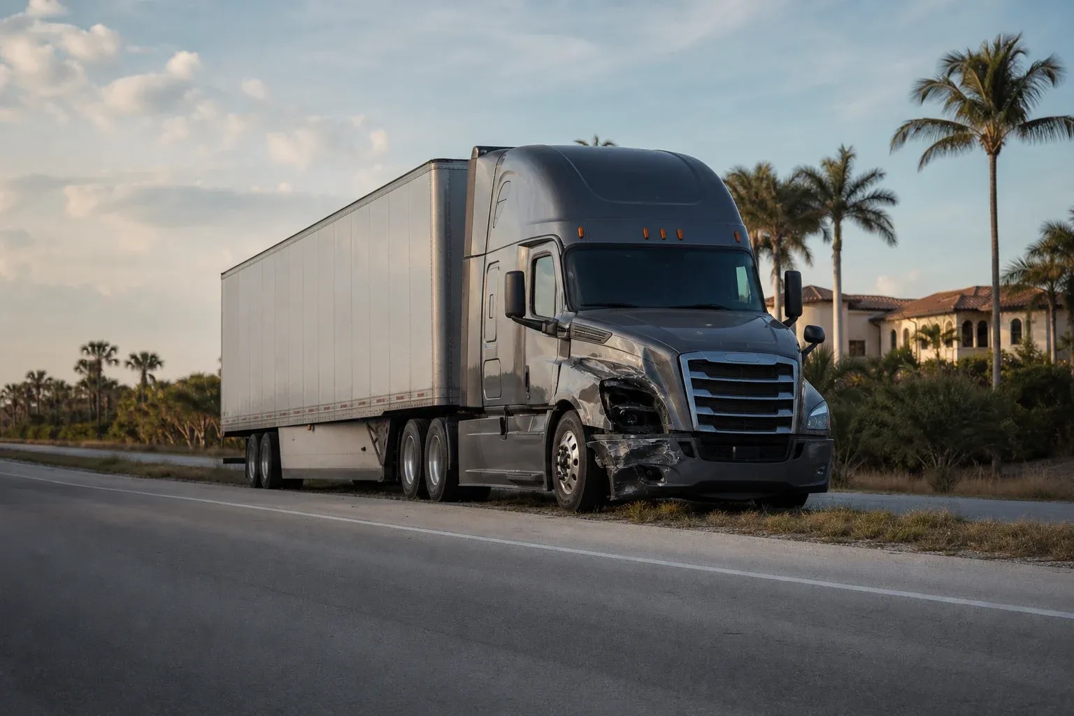 Damaged semi-truck at a secured Southwest Florida roadway collision scene