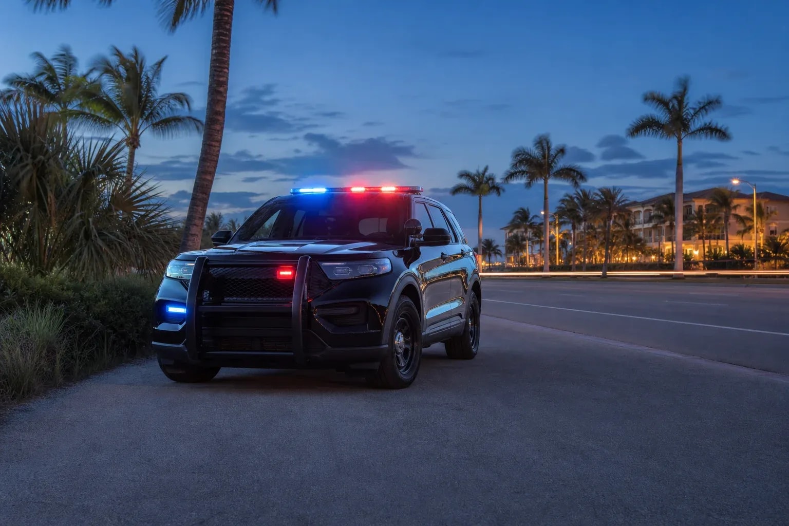 Police cruiser parked at roadside with emergency lights illuminated