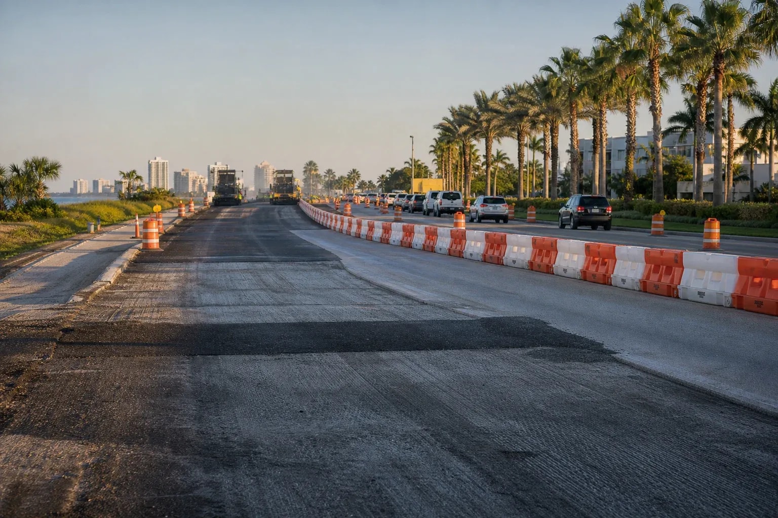 Road construction barriers and lane changes on a Southwest Florida street