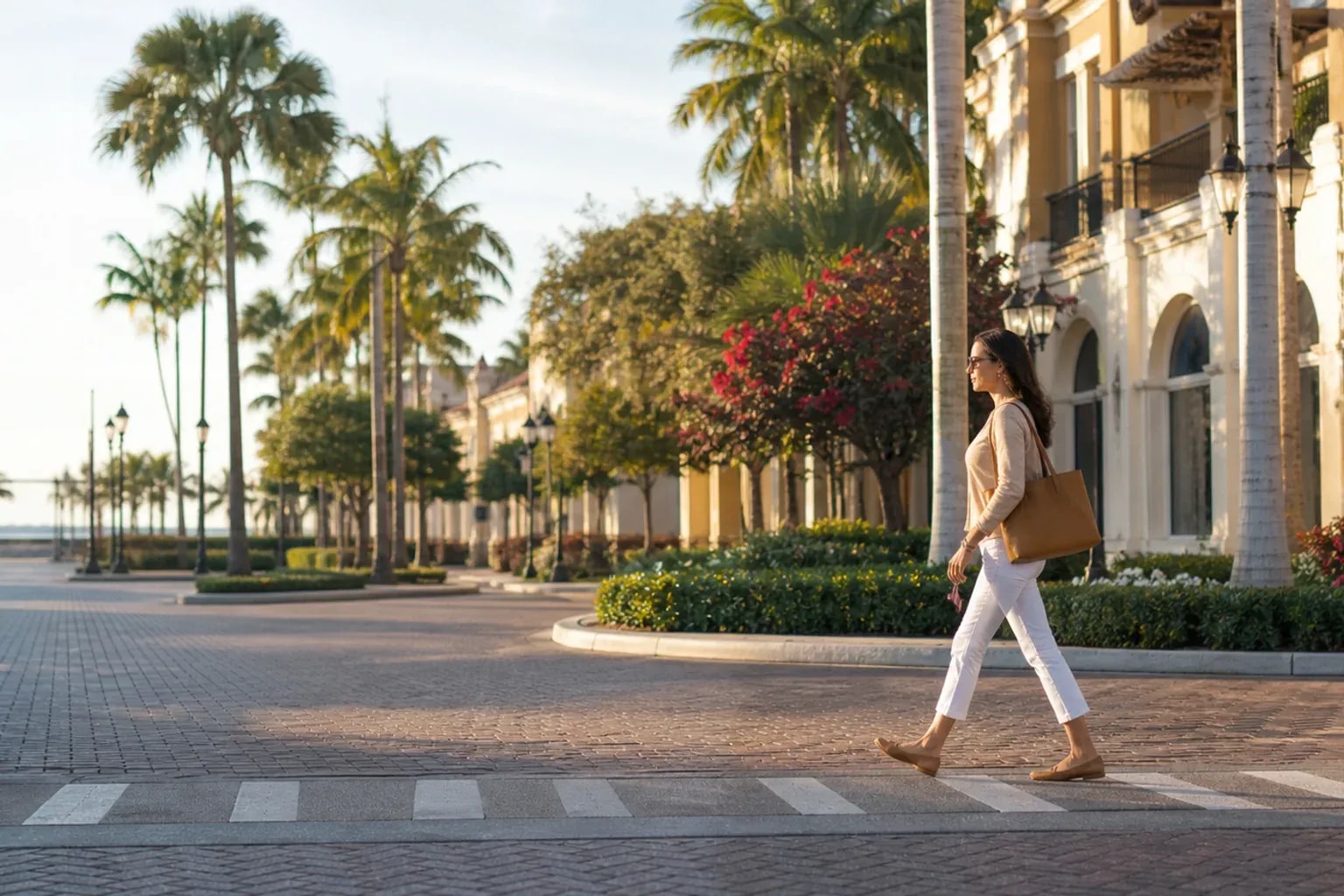 Pedestrian at a landscaped Naples crosswalk