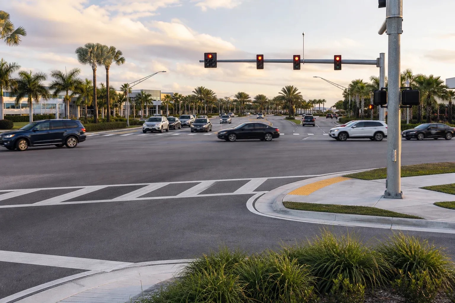 Complex multilane Southwest Florida intersection with crossing traffic