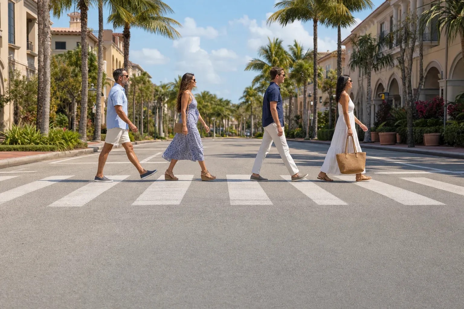 Four adults crossing a marked Florida crosswalk from left to right