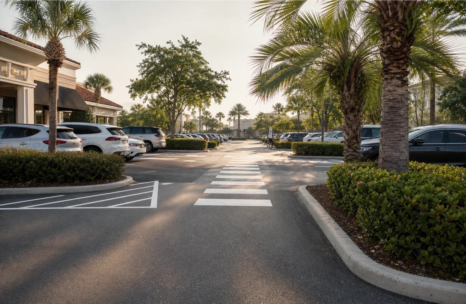 Southwest Florida parking lot with marked pedestrian routes and parked vehicles