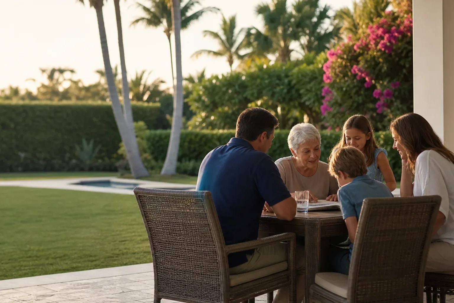 Multigenerational family in a landscaped Naples backyard