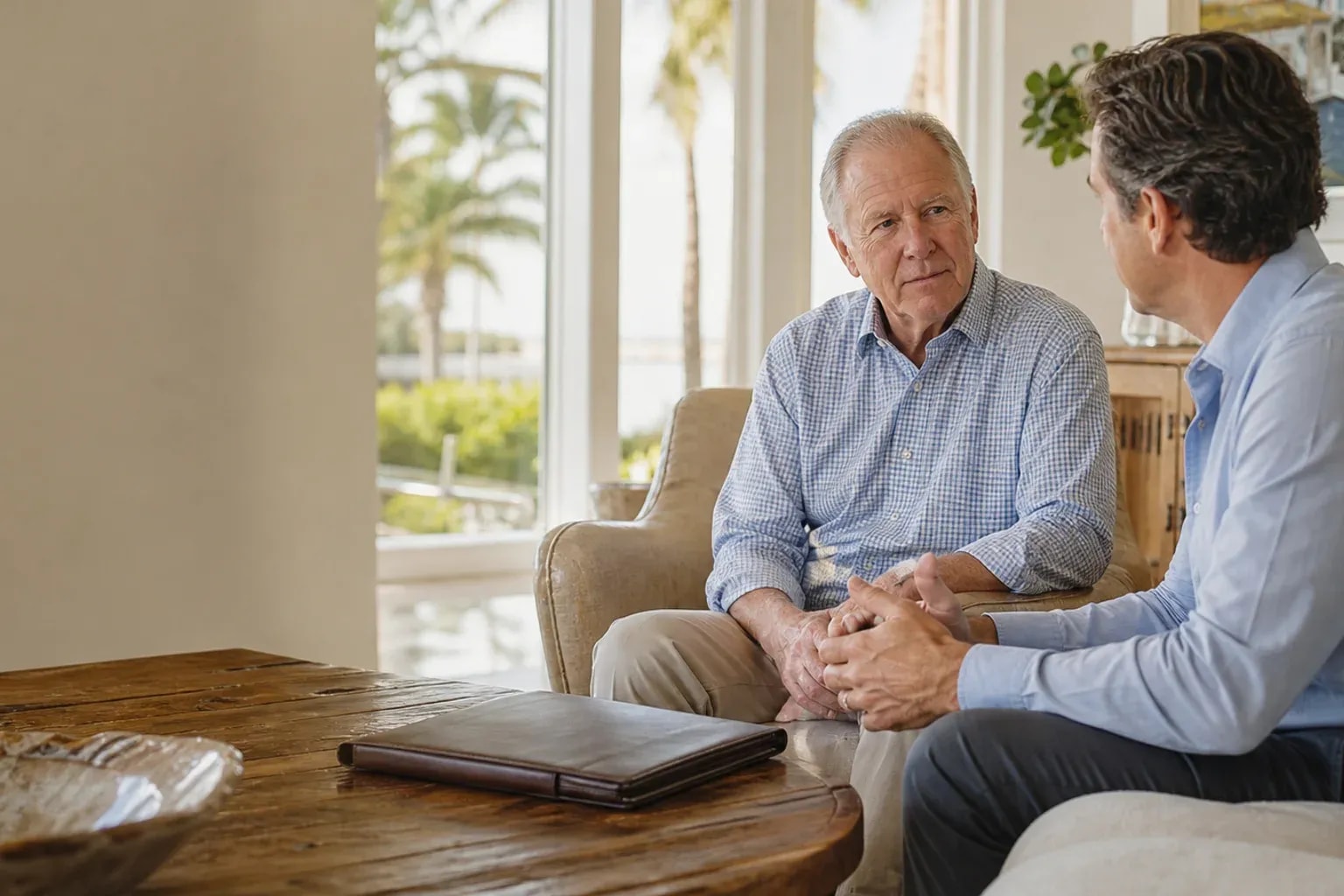 Older adult and trusted relative in a calm planning conversation