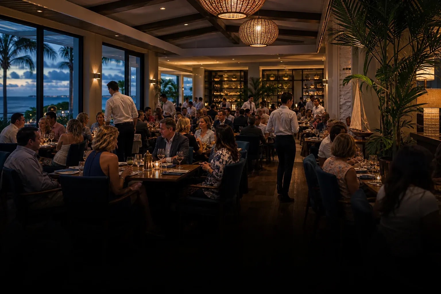 Busy coastal Florida restaurant dining room during evening service
