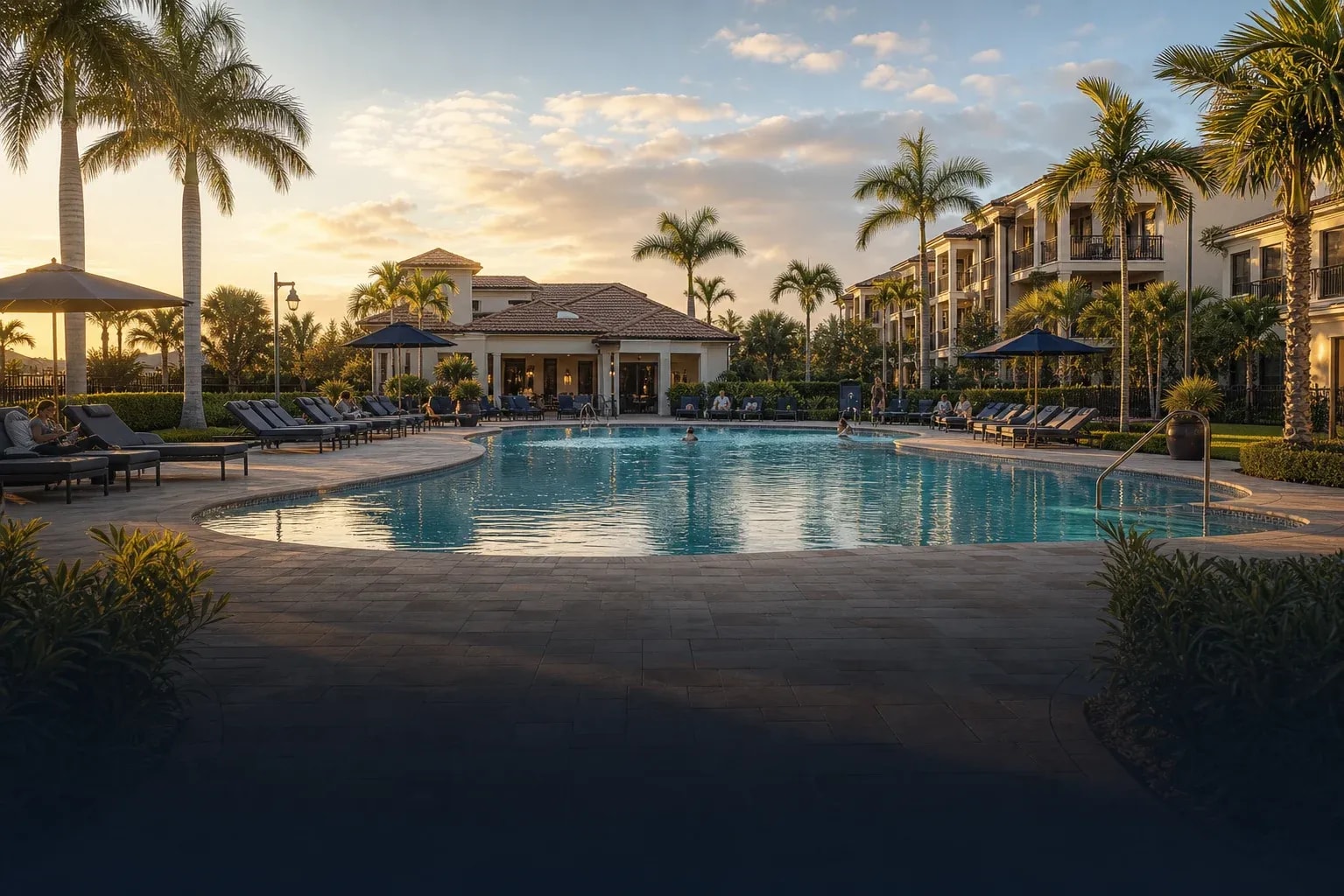 Residential community swimming pool and shared deck in Southwest Florida