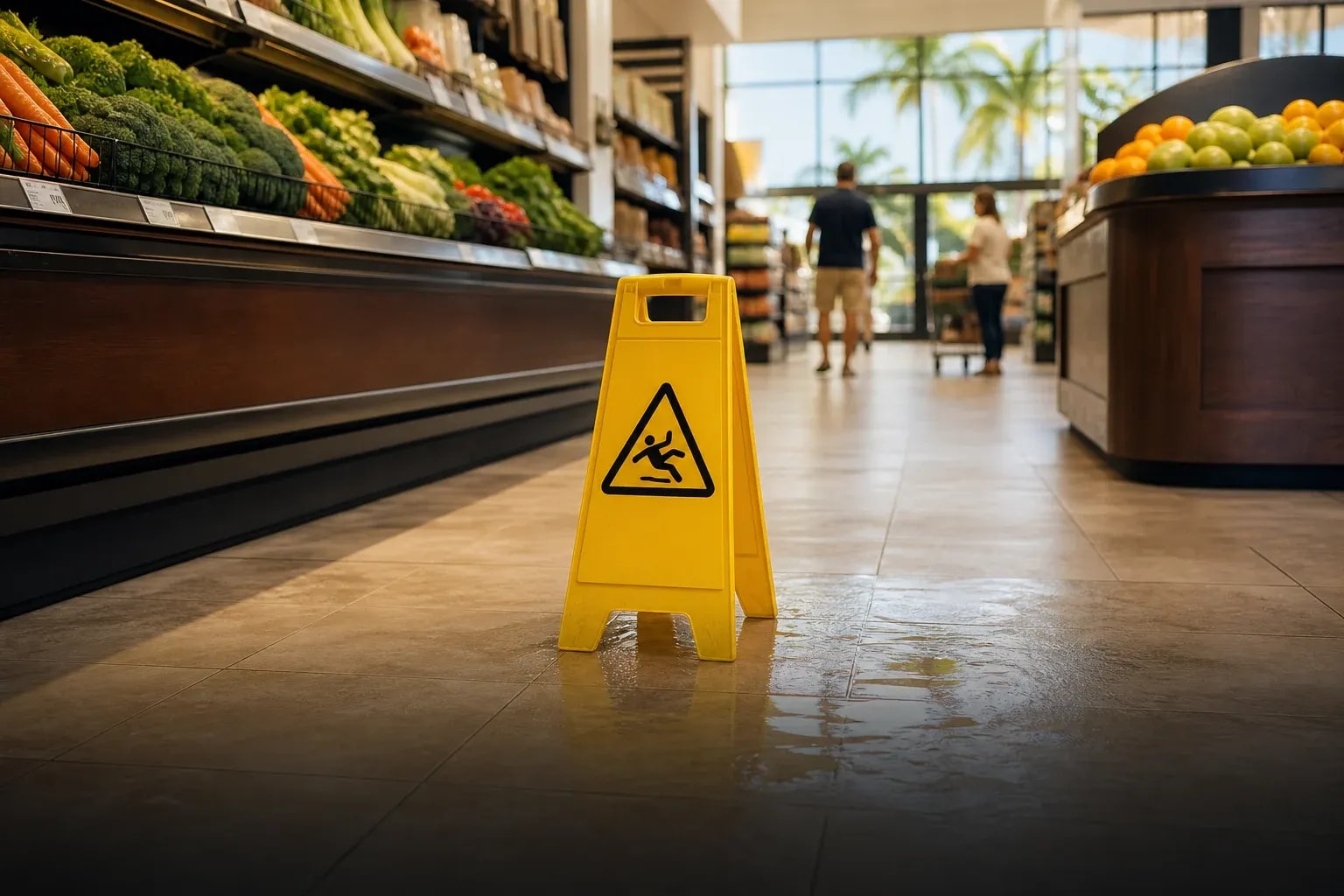 Yellow wet-floor warning sign beside a spill in a Florida grocery store