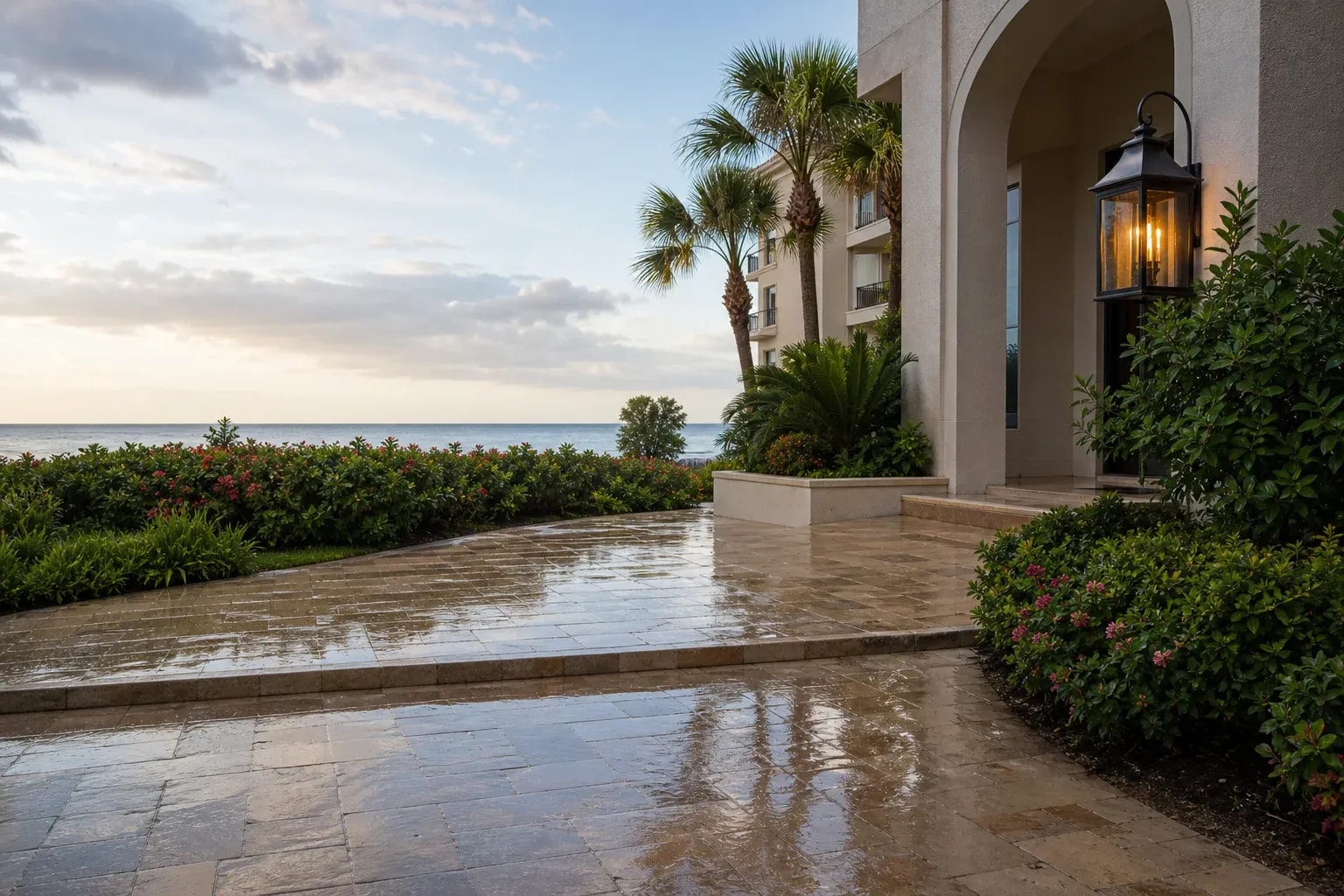 Rain-slick entrance walkway at a coastal condominium