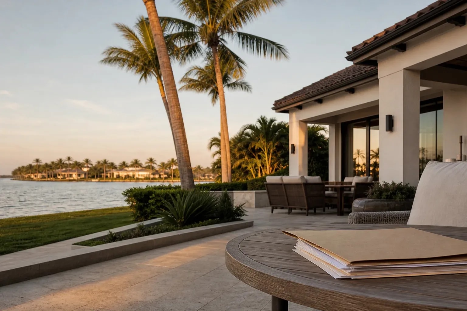 Contemporary Naples home with transaction papers on an outdoor table