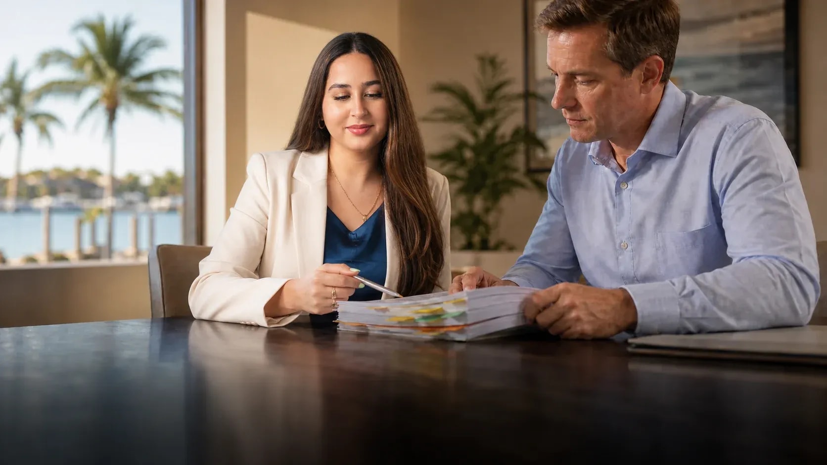 Editorial scene illustrating residential closings document review in Southwest Florida