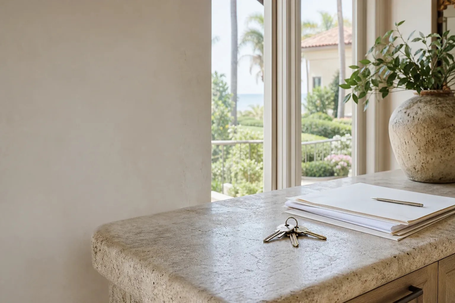 Keys and closing papers beside a coastal home window