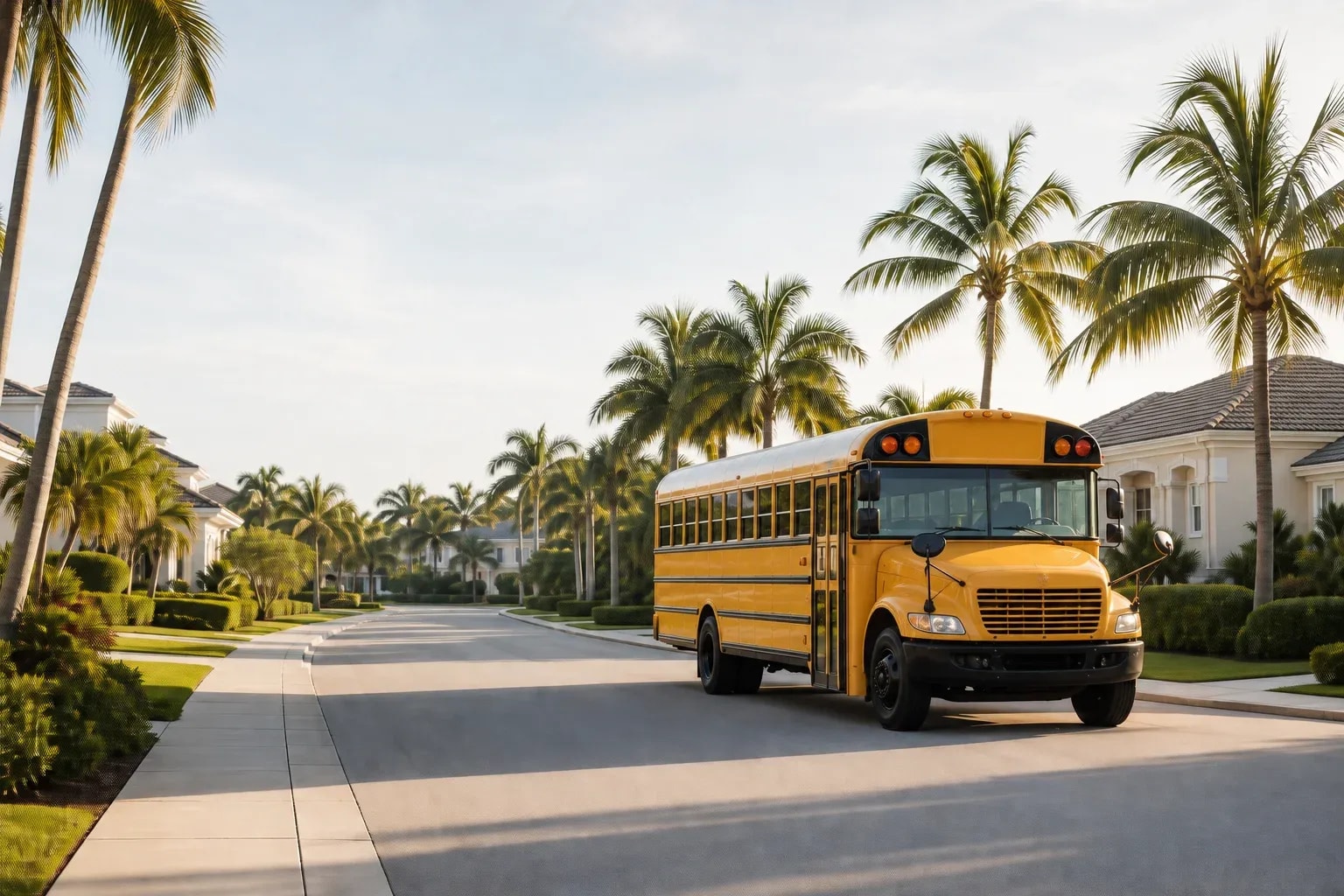 School bus on a palm-lined Naples residential street