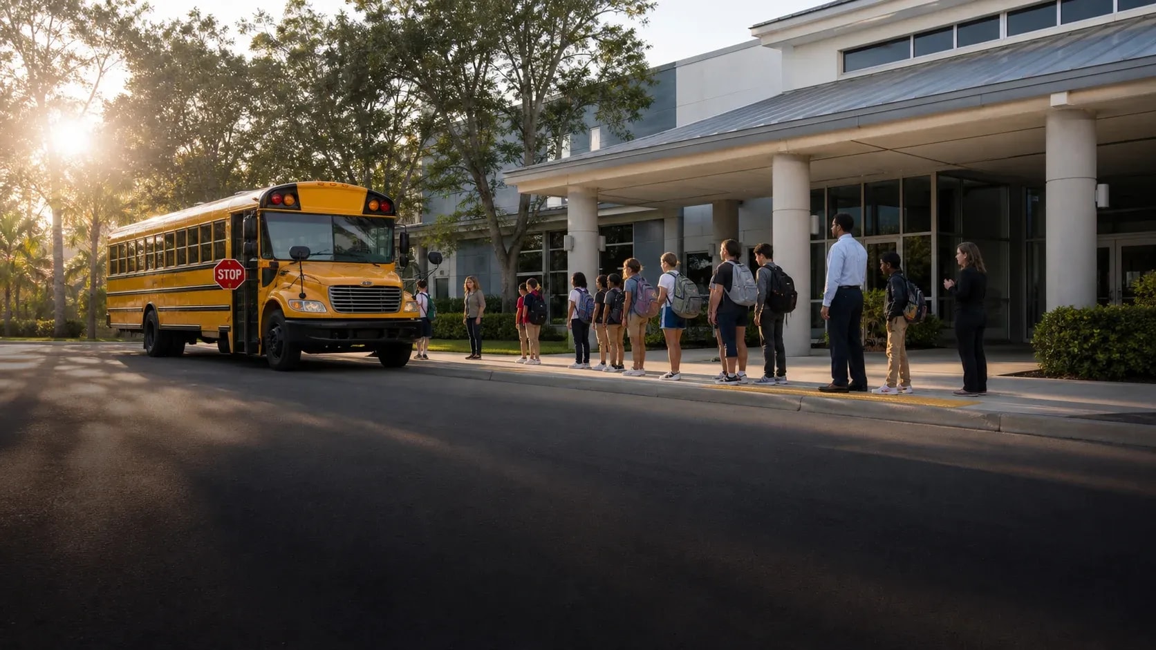 Students waiting safely in a supervised school bus boarding zone