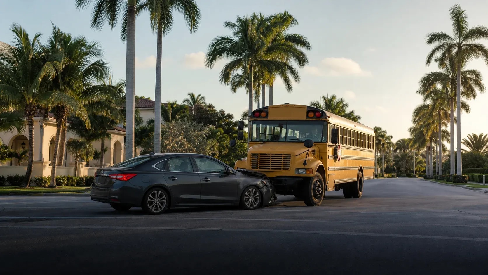 Clean aftermath of a school bus and passenger vehicle collision