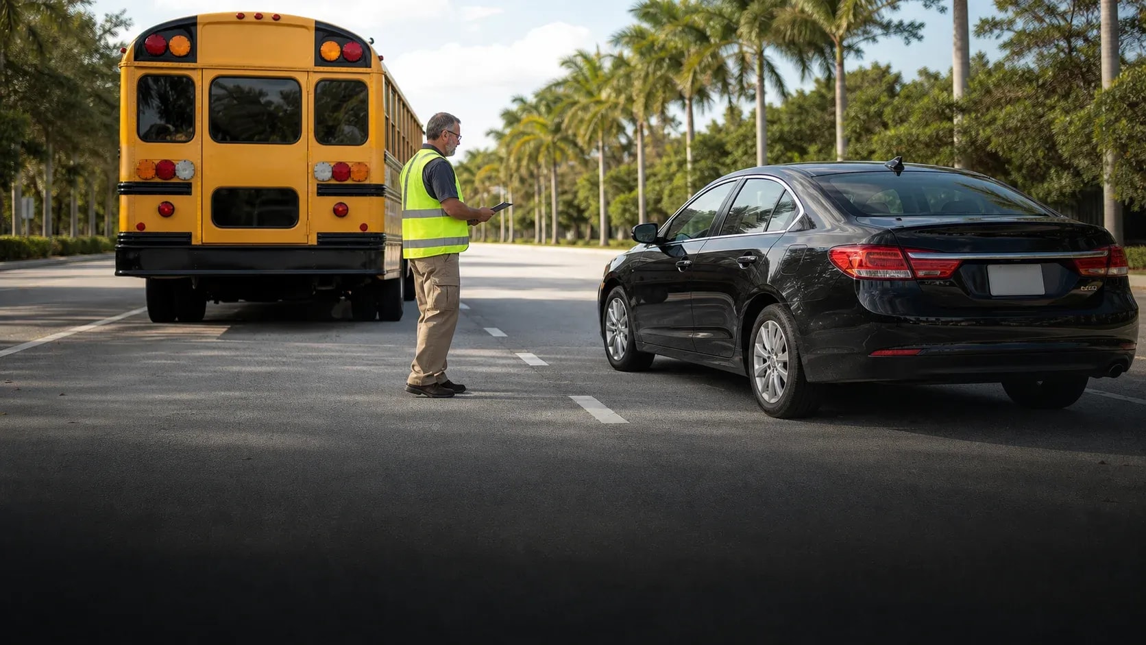 Investigator documenting the positions of a school bus and passenger vehicle