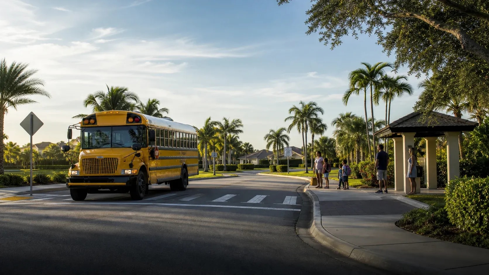 Families waiting safely at a suburban Southwest Florida school bus stop