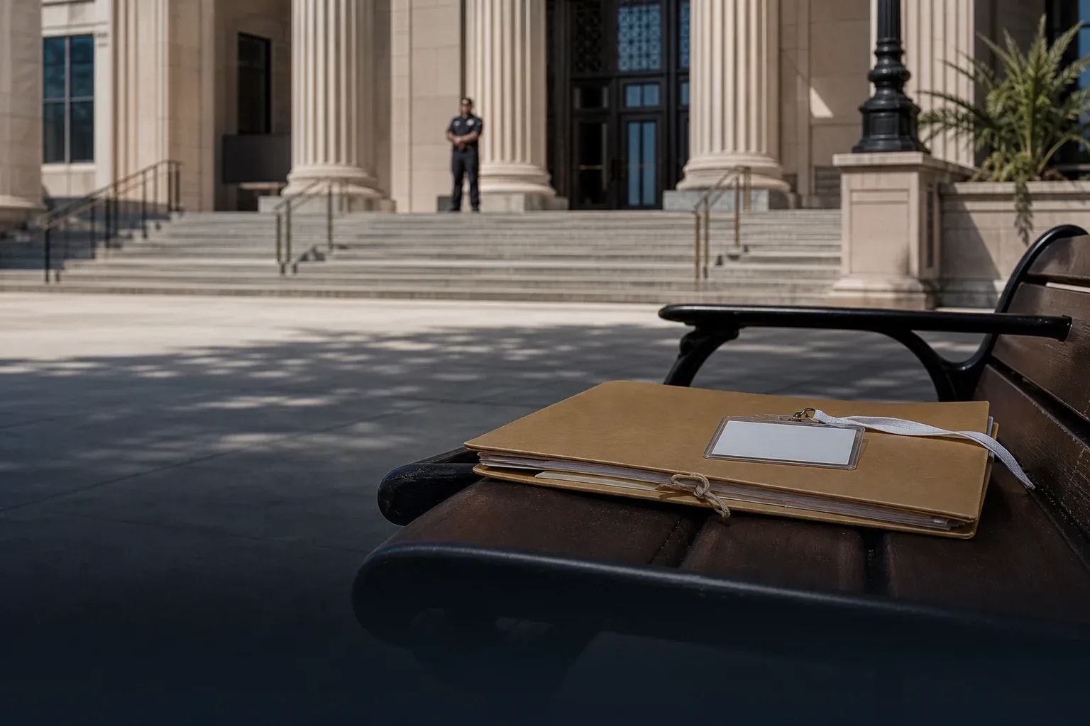 Case file and visitor badge outside a Florida courthouse