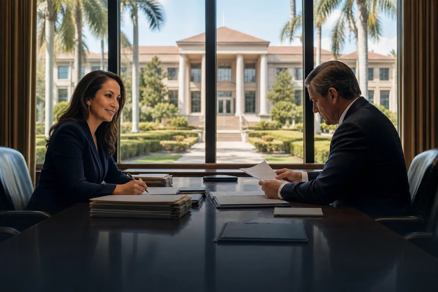 Legal professionals reviewing institutional records in a private conference room