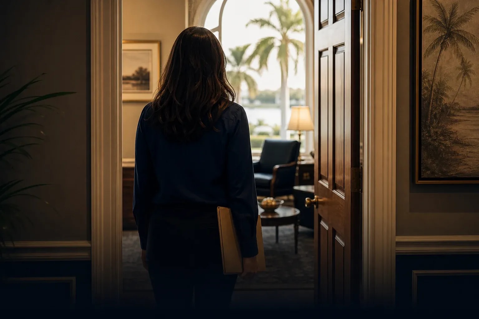 Adult pausing at the open doorway of a private law office