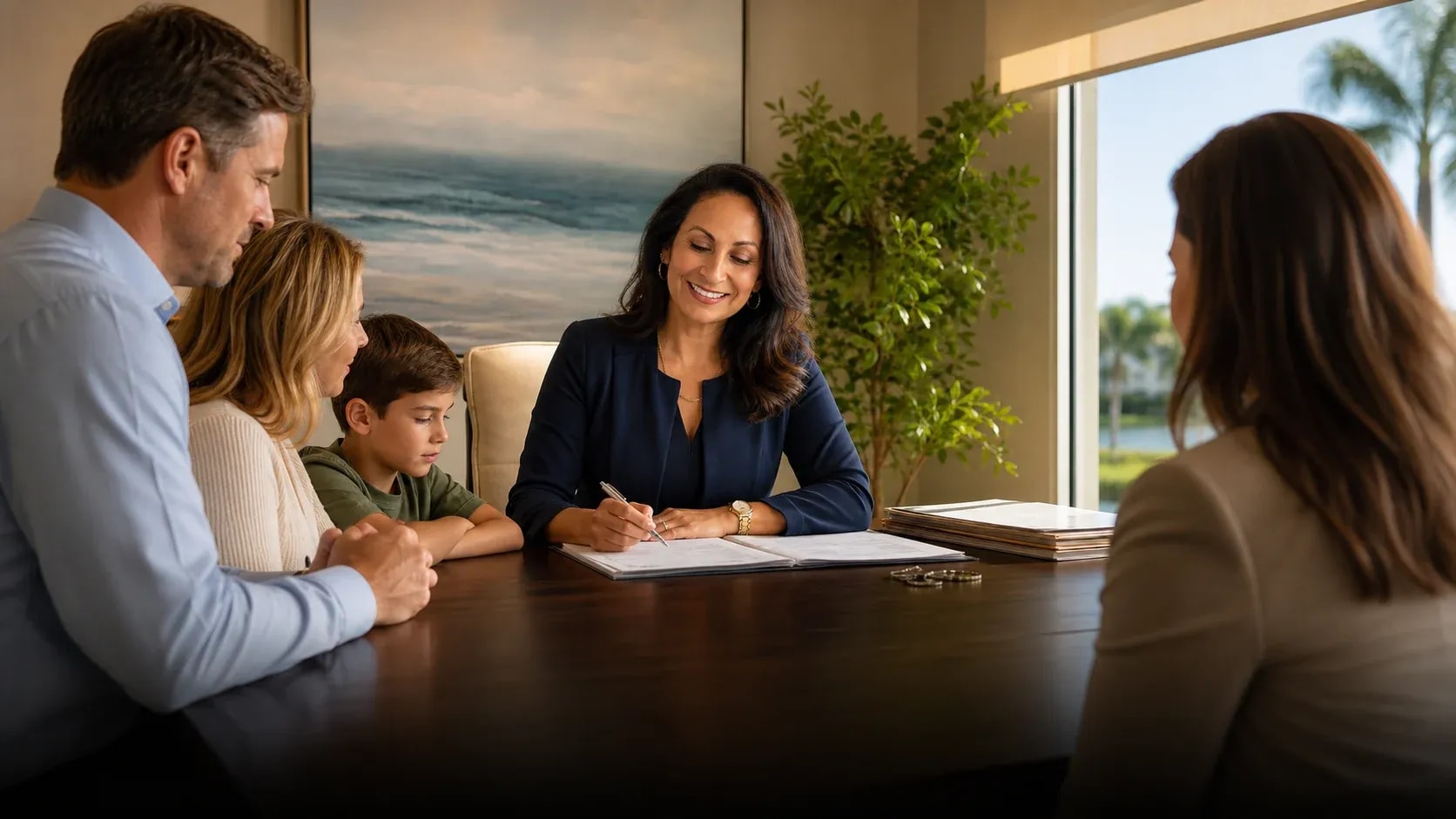 Editorial scene illustrating title services escrow settlement in Southwest Florida