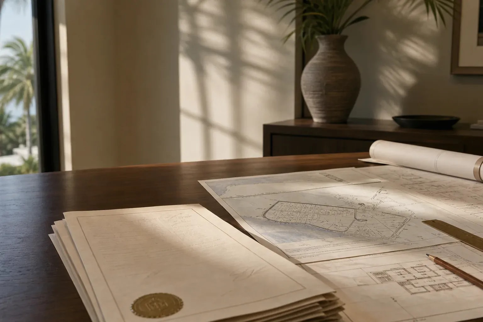 Property survey and architectural plans in a refined office